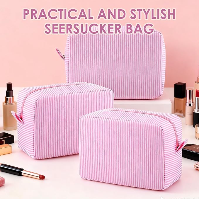 Sanwuta Seersucker Cosmetic Bag Bulk Striped Makeup Bag for Women Aesthetic Cute Travel Toiletry Organizer Preppy Storage Pouch for Wedding Bridesmaid Mother's Day Teacher Gift(Large,Pink,6)