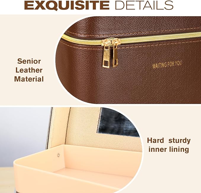 Sluxa Luxury brown makeup box, Portable leather hard cosmetic case with mirror, Sturdy train case make up box for women adults. (Double-layer-Brown)