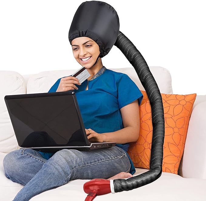 Safety Portable Hair Dryer Bonnet Attachment for Hair Styling, Adjustable Chin Strap and Side Fitting Drawstring Hood Dryers for Hair Home