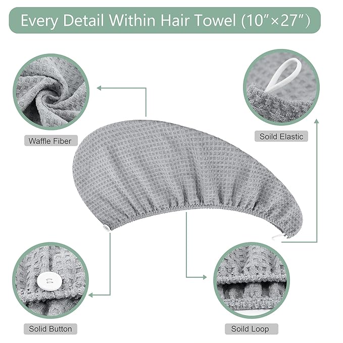 Dolwis Microfiber Hair Drying Towel - 2Packs Waffle Long Hair Head Turban Wraps Terry Cloth Fast Absorbent Dry Anti Frizz Twist Plopping Curly Shower Turban for Women Wet Hair (Gray)