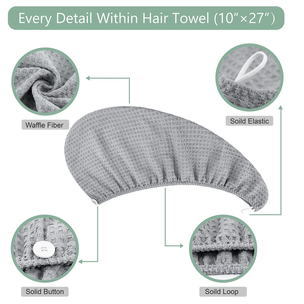 Microfiber Hair Drying Towel: 2 Pcs Waffle Long Hair Turban Wraps (Gray)