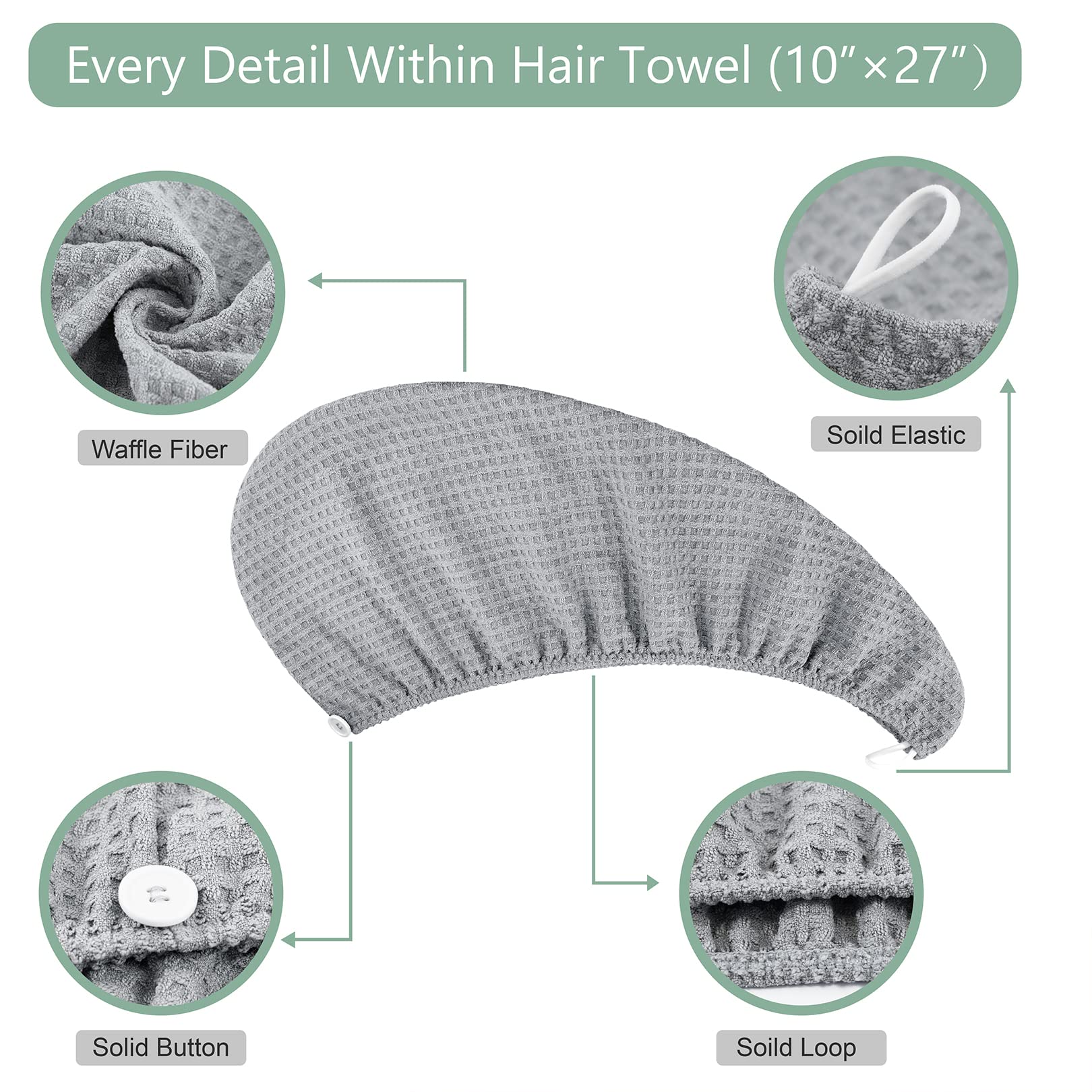 Microfiber Hair Drying Towel: 2 Pcs Waffle Long Hair Turban Wraps (Gray)
