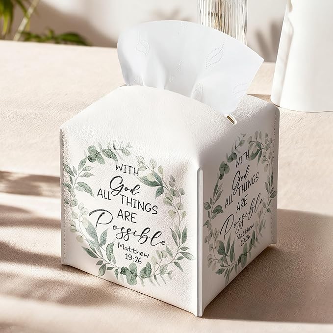 Eucalyptus Bible Verse Tissue Box Cover, PU Leather Drawstring Bottom - God Bible Verse, Eucalyptus Wildflower Decor, Thank You, Farewell, for Friends, Colleagues, Christians | Decorative Organizer