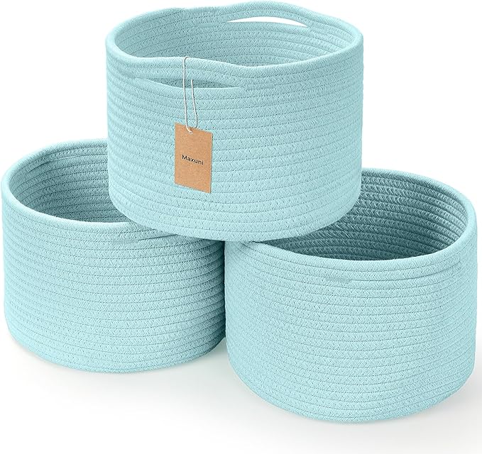 Small Rope Baskets for Storage, Baskets for Gifts Empty, Cute Round Woven Basket, Decorative Shelf Baskets 9.82×9.82×7.1", Cotton Toy Basket Storage Bins for Organizer 3 Packs
