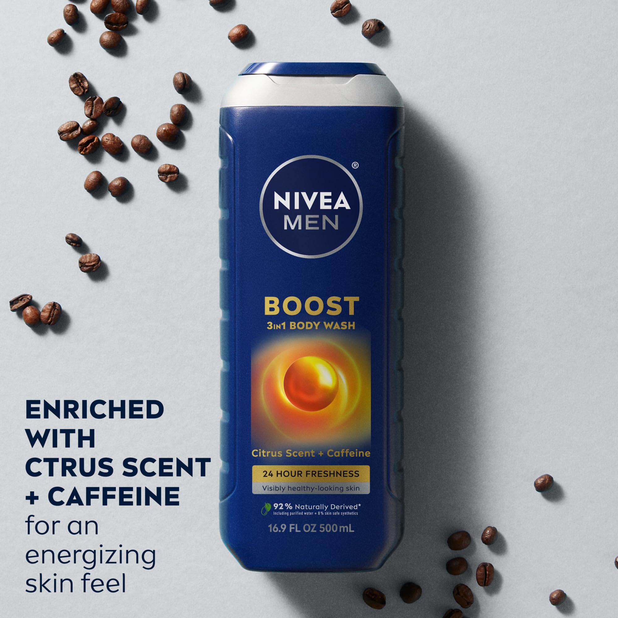 NIVEA MEN Boost Body Wash, Citrus Scent and Caffeine Enriched, 3-in-1 Men's Body Wash, Face and Hair, Paraben Free, Vegan Formula, 16.9 Fl Oz Bottle, Pack of 3