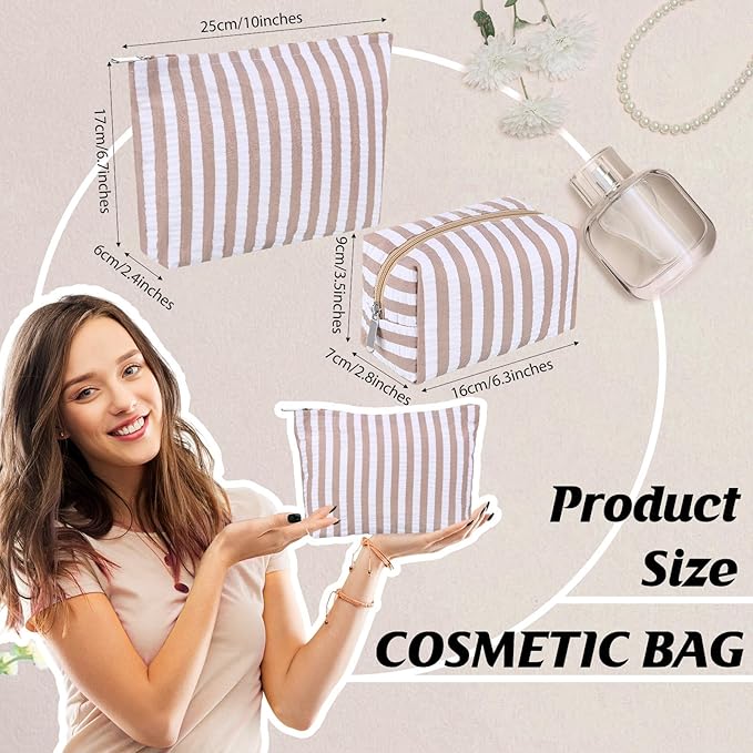 2 Pcs Makeup Bag Set Cute Cosmetic Pouch for Women Seersucker Travel Toiletry Bag Preppy Small Makeup Purse Pouch Aesthetic Skincare Brushes Storage Organizer for Valentine Women(Khaki Wide)