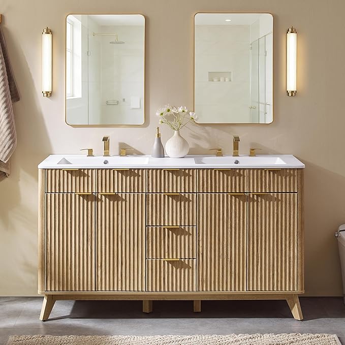 T4TREAM 60" Fluted Bathroom Vanity with Resin Sink Combo，Freestanding Modern Bathroom Storage Vanity Cabinet with Soft Closing Doors & 3 Drawers，Wood Grain Texture，Metal Handle，Natural Oak