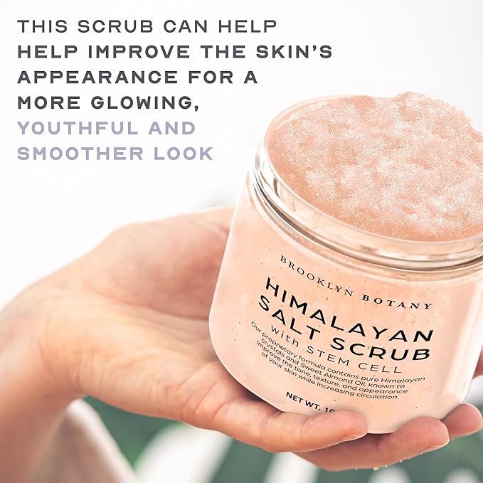 Brooklyn Botany Himalayan Salt & Stem Cell Body Scrub - Moisturizing and Exfoliating Body, Face, Hand, Foot Scrub - Fights Stretch Marks, Fine Lines, Wrinkles - Great Gifts for Women & Men - 10 oz