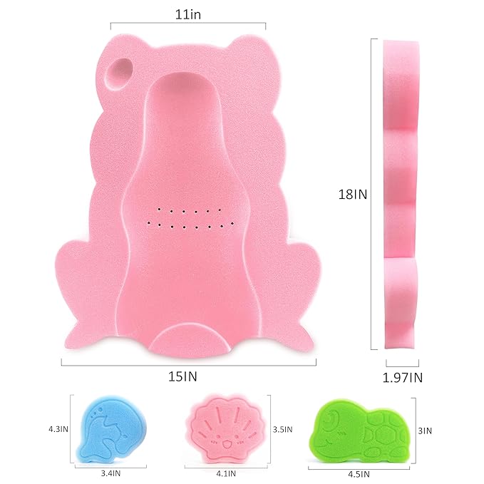 Baby Bath Sponge, Infant Comfy Soft Bath Sponges Mat, Natural Cute Shapes Skid-Proof Bathing Cushion for Toddler & Newborn, 4pcs Shape Style: Blue Dolphin, Pink Shell, Green Turtle and Big Pink Frog