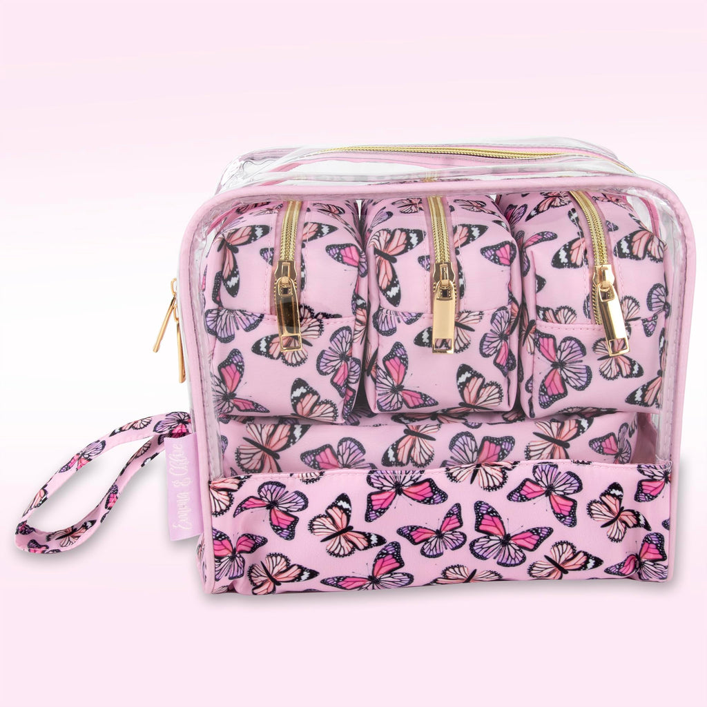 Emma & Chloe Travel Toiletry Bags for Women, 5 Piece Waterproof Cosmetic Case, Bag, Pouch Makeup Organizer Set for Women, Home Counters (Fluttering Pink Butterflies)