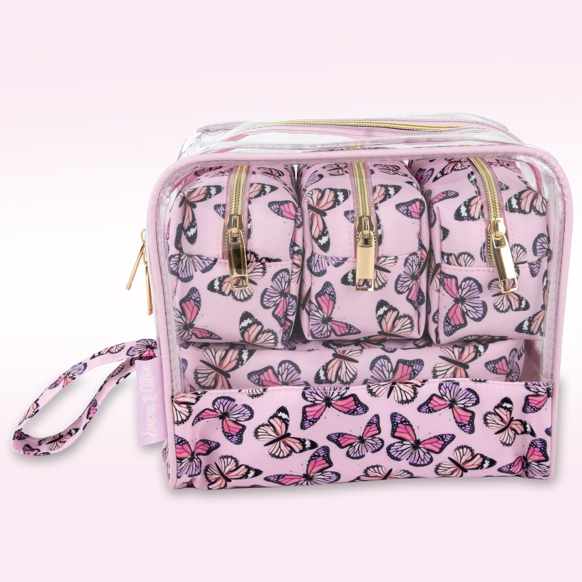 Emma & Chloe Travel Toiletry Bags for Women, 5 Piece Waterproof Cosmetic Case, Bag, Pouch Makeup Organizer Set for Women, Home Counters (Fluttering Pink Butterflies)