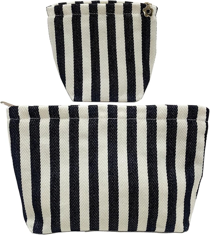 getgto 2 Pcs Makeup Bags, Large Cosmetic Bag Travel Toiletry Bag Organizer for Women, Embroidery Craft, Stripe Makeup Bag Small Cosmetic Pouch Purse with Zipper Gifts for Girls Teen