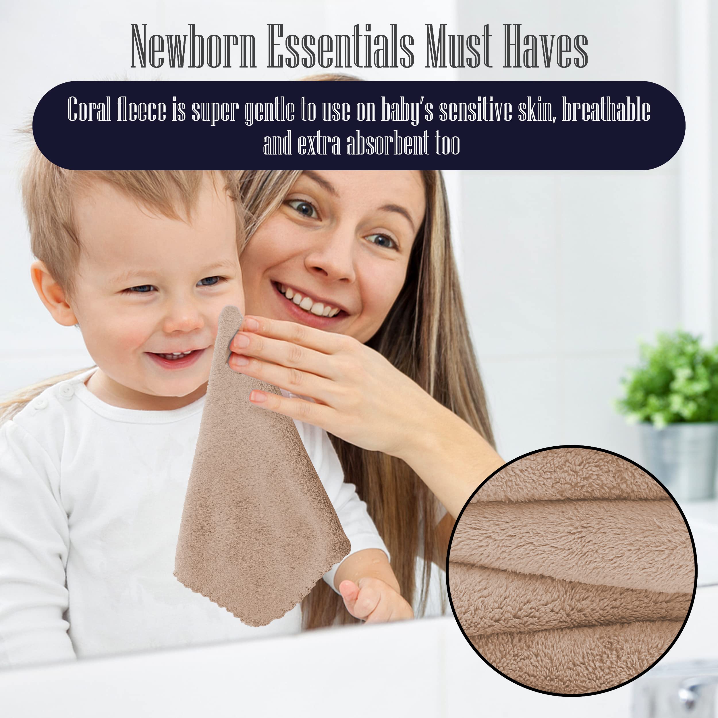 16 Pack Baby Washcloths - 10x10 Inch, Coral Fleece - Extra Absorbent and Soft Wash Clothes for Newborns, Infants and Toddlers - Suitable for Sensitive Skin and New Born - Baby Shower - Brown