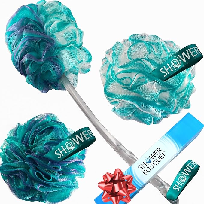 SHOWER BOUQUET 2-Sided Back-Loofah-with-Handle & 2 Bath Sponge Puff Set
