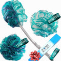 SHOWER BOUQUET 2-Sided Back-Loofah-with-Handle & 2 Bath Sponge Puff Set