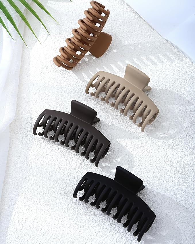 Mesovor 4 Pack Double Row Teeth Hair Claw Clips, 3.5" Large Strong Hold Matte Hair Clips for Thin and Short Fine Hair Accessories (Neutral Matte)
