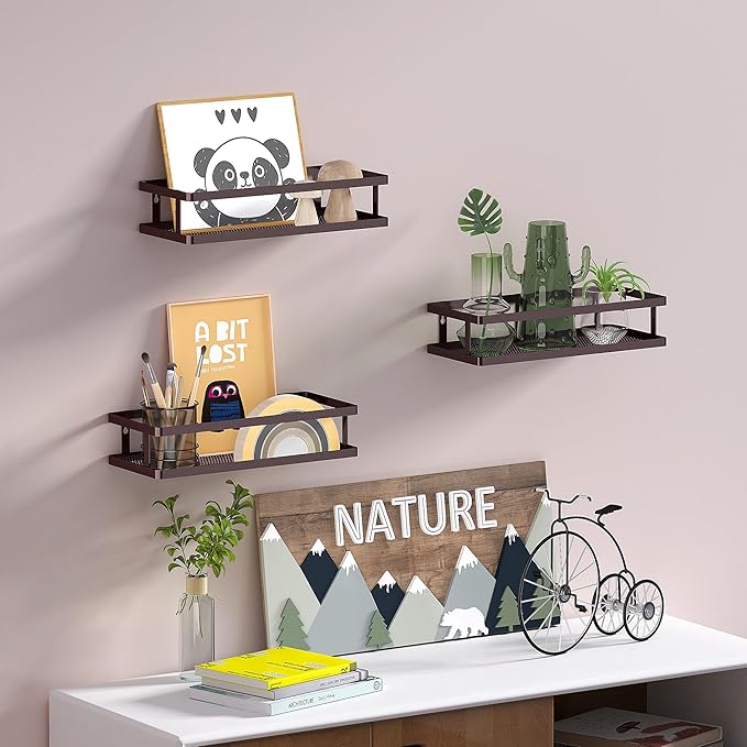 PUSDON 2-Pack Minimalist Shower Caddy Wall Mount, Open Frame Bathroom Shelf Organizer with Mesh Base, Rustproof Floating Spice Rack for Kitchen, Holds 50 LBS, 4 Hooks - Vintage Bronze, Guardrail