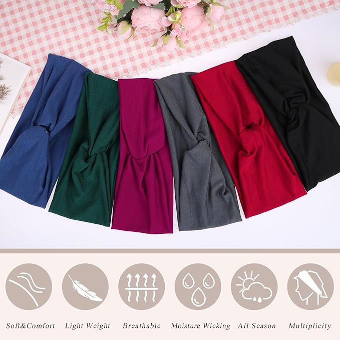 XTREND 6 Pcs Women's Headbands Twisted Cross Elastic Head Bands Yoga Workout Headband Non-Slip Sweat Soft Headbands Solid Color Simple Versatile Hair Accessory Hairbands