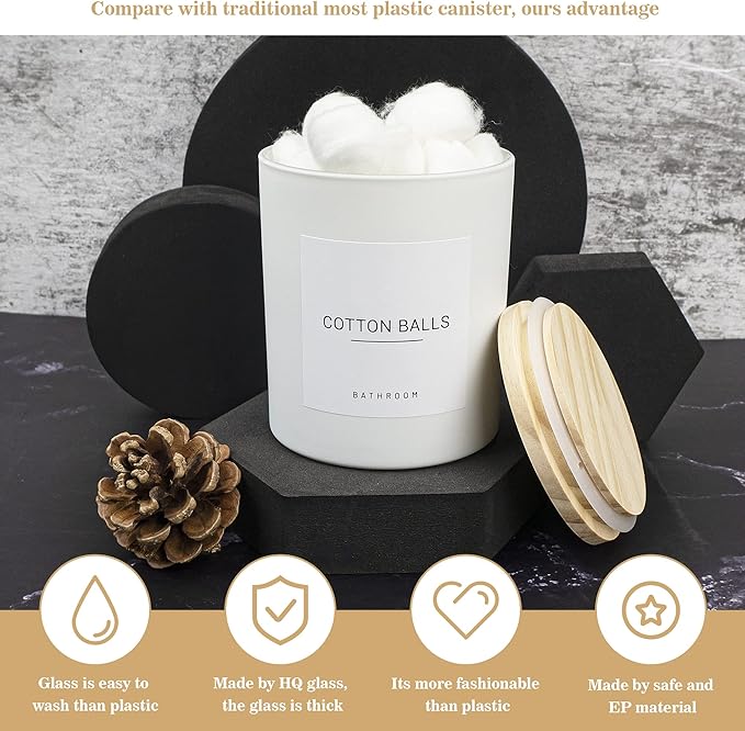 Ezebesta 3PCS Farmhouse 13.53oz White Bathroom Canisters with 12 Labels & Wooden Lid Thick Glass Jar Set Qtip Holder for Cotton Ball & Pads Storage Organization Minimalist Decor