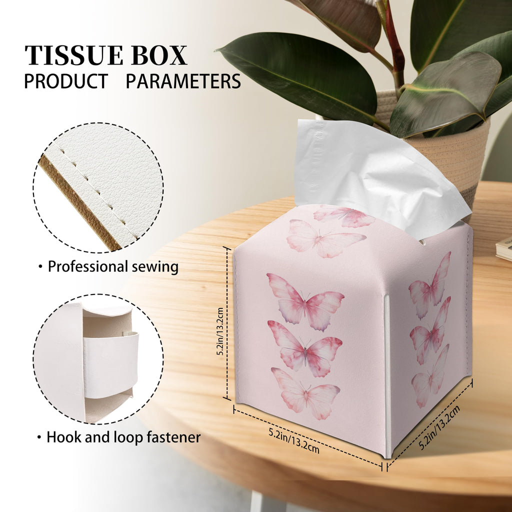 Grace Yonks Cute Pink Butterfly Tissue Box Cover Square, Cube Case for Facial Tissues, 5.2" PU Leather(075)