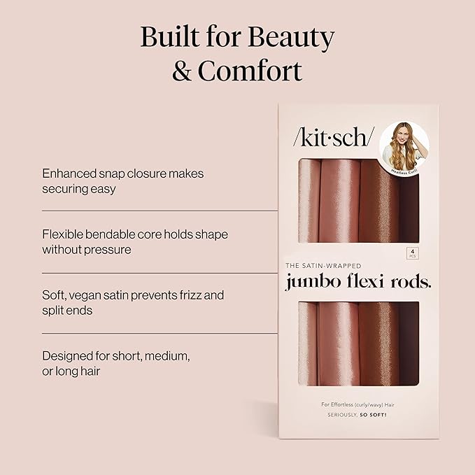 Kitsch Satin Jumbo Flexi Rods, Heatless Curling Rods - No Heat Curls Overnight, Comfortable Hair Curlers to Sleep In for Frizz-Free and No Heat Damage Styling - 4pcs, Rosewood