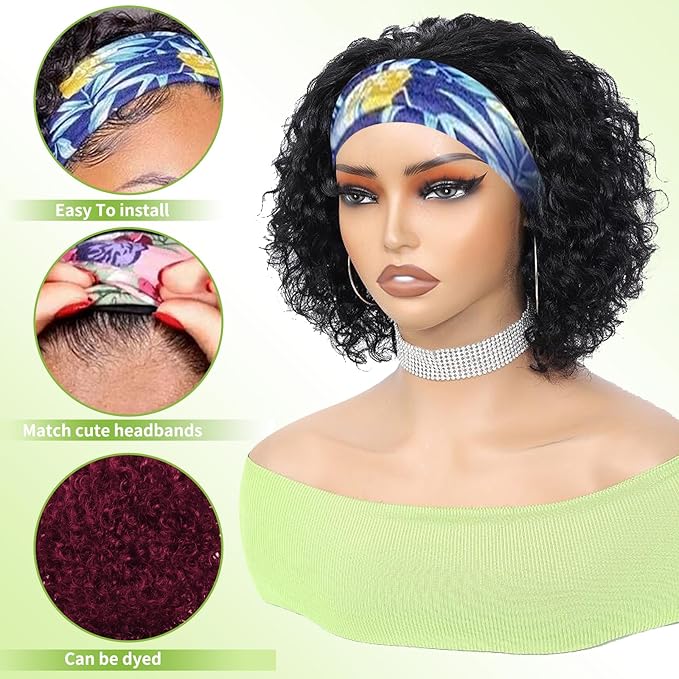 Headband Wig Human Hair Wigs for Black Women Put on and Go Glueless Wig Curly Human Hair Wig Natural Color Headband Wigs Human Hair 10inch