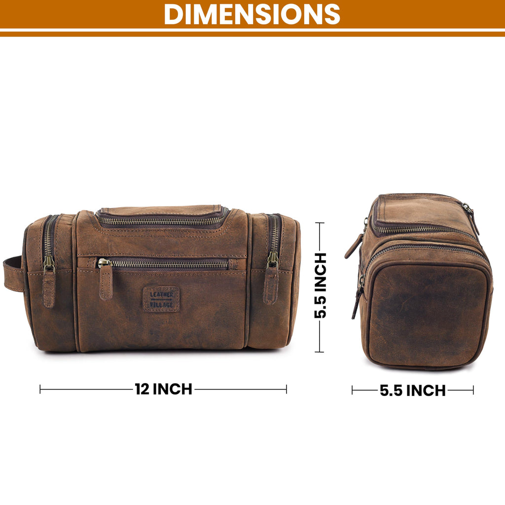 LEATHER VILLAGE Large Leather Toiletry Bag for Men, Hanging Travel Dopp Kit