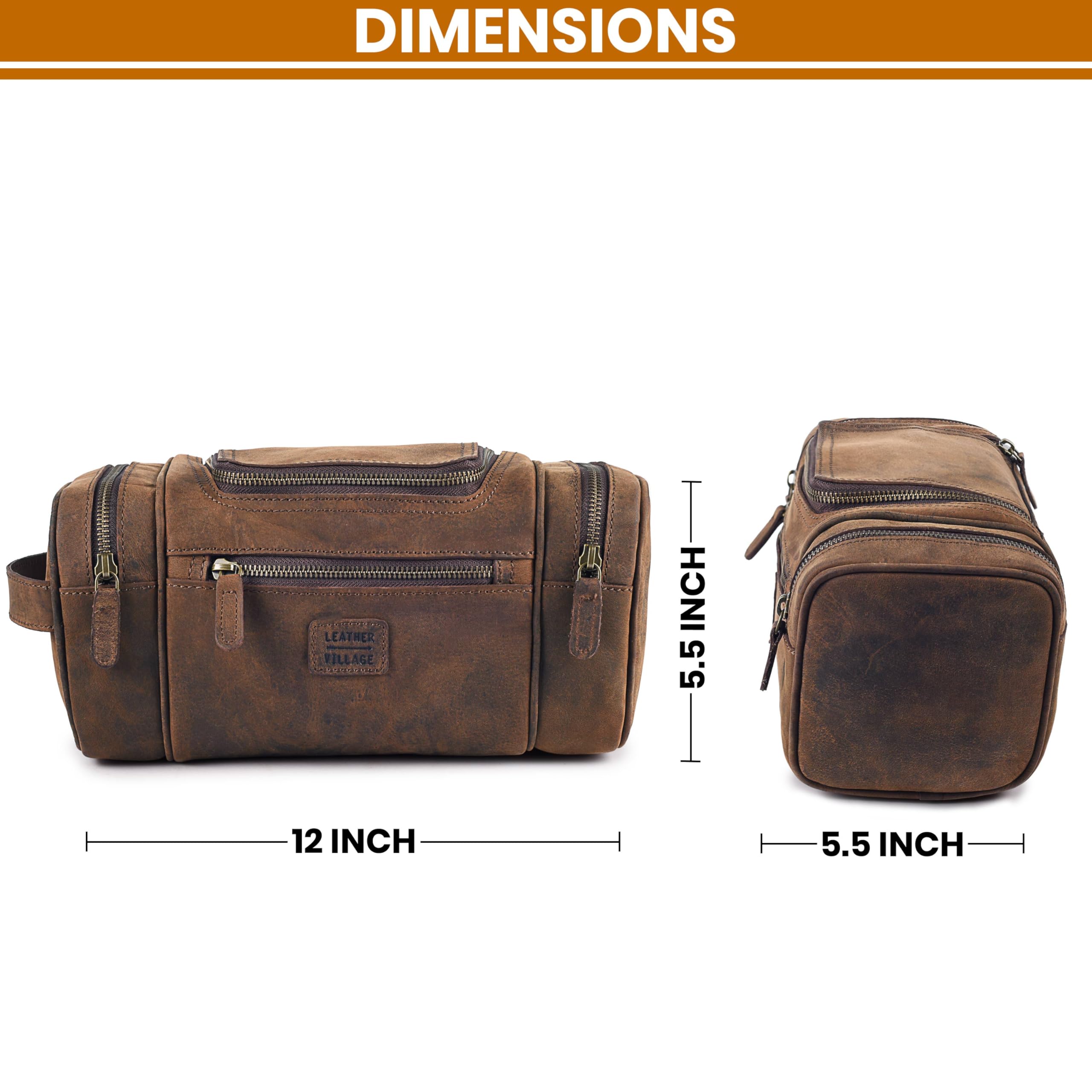 LEATHER VILLAGE Large Leather Toiletry Bag for Men, Hanging Travel Dopp Kit
