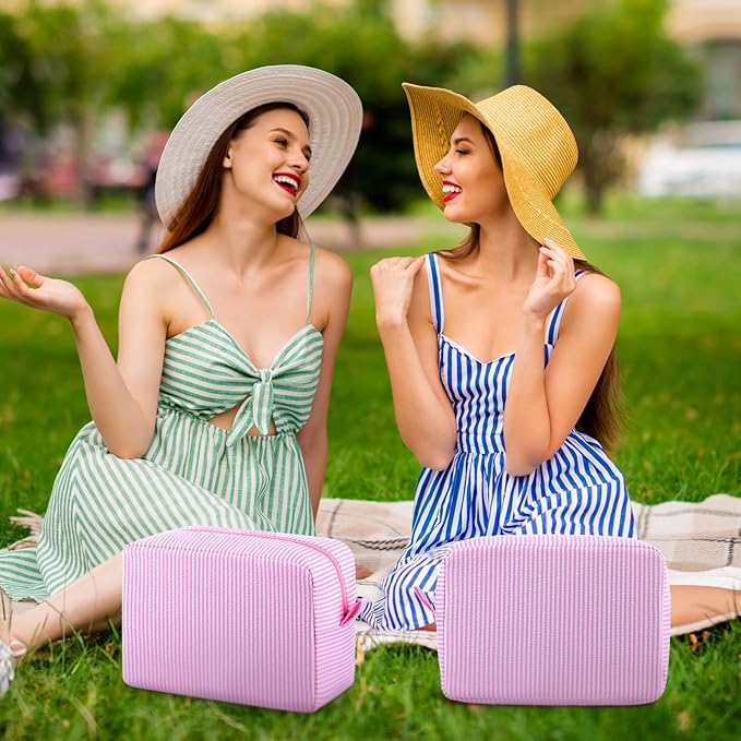 Sanwuta Seersucker Cosmetic Bag Bulk Striped Makeup Bag for Women Aesthetic Cute Travel Toiletry Organizer Preppy Storage Pouch for Wedding Bridesmaid Mother's Day Teacher Gift(Large,Pink,6)