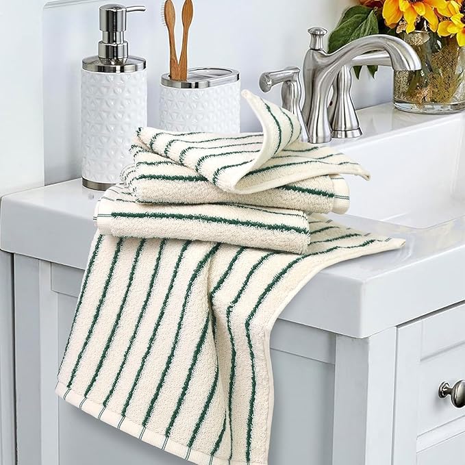 Jacquotha Striped Cotton Washcloths 4 Pack, 13” x 13” - Soft Wash Cloths for Bathroom, Kitchen, Gym, Face, Green and Cream