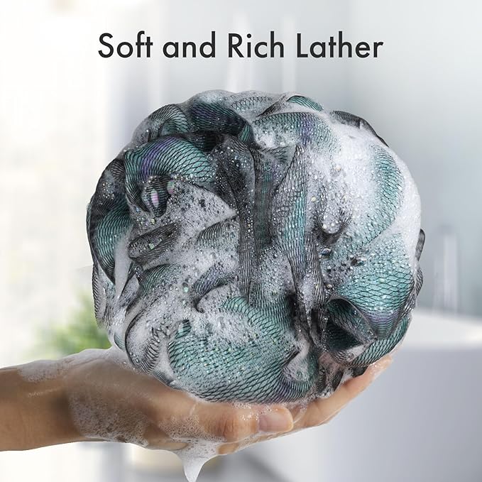 AmazerBath Charcoal Loofah Sponge, Large Shower Loofah 75g/PCS - Body Scrubber Loofa Set of 4 - Charcoal Blue, Green, Purple & Red, Bath Sponge for Men and Women