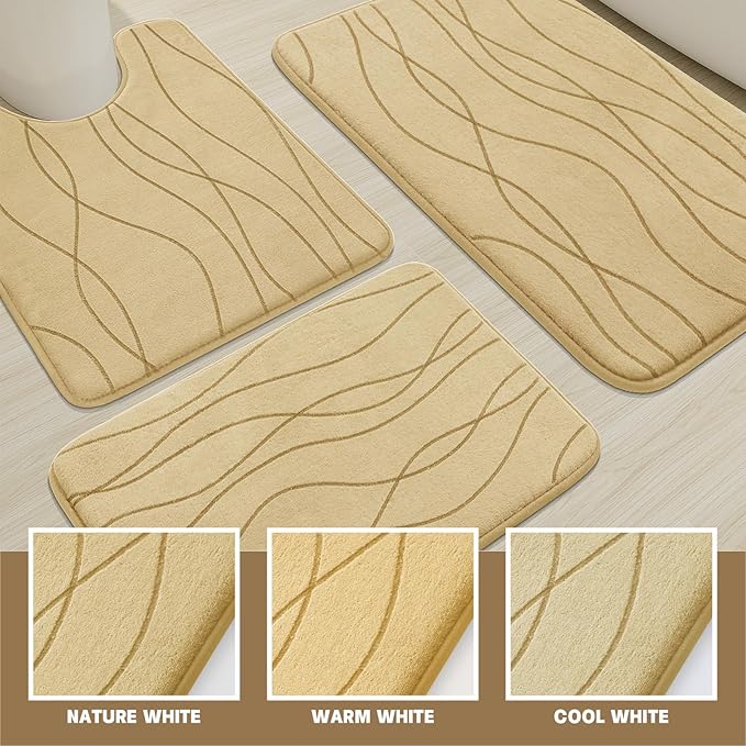 YIHOUSE Bathroom Rugs Set 3 Piece, Memory Foam Bath Mat Beige