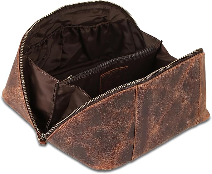 KomalC Luxury Leather Men’s Toiletry Travel Bag – Handmade Shaving Kit with Waterproof Interior, Spacious Storage & Carry Handle – leather travel Kit Bag for Men & Women