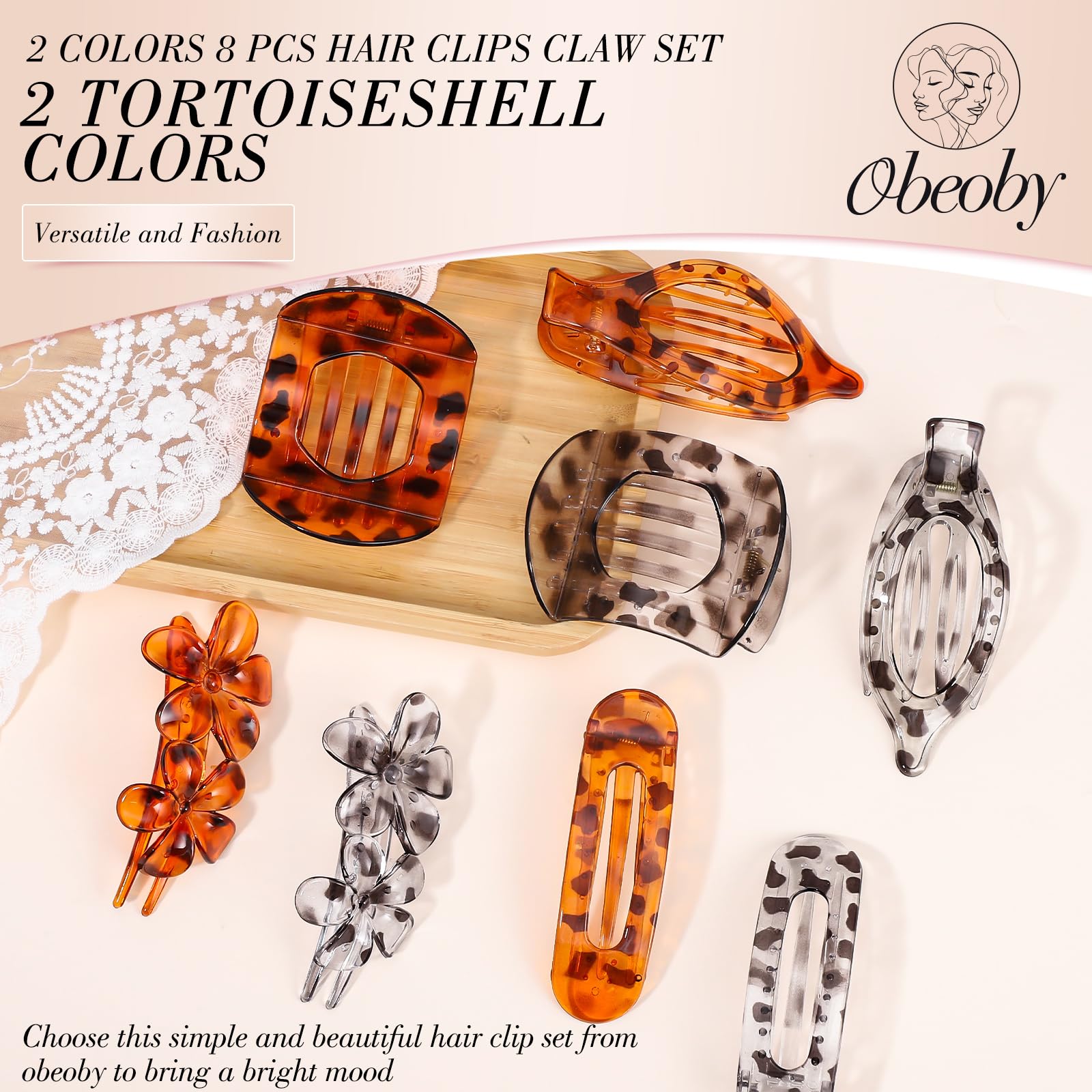 Obeoby 8 Pcs Flat Hair Clips for Women, 4 Types French Flat Claw Clips Hair Accessories Barrettes Large Medium (Tortoiseshell)