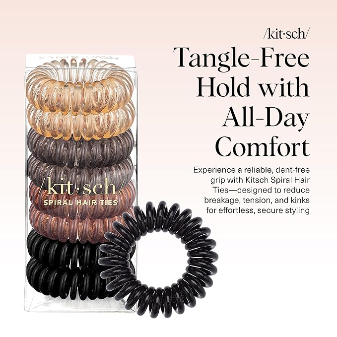 Kitsch Spiral Hair Ties for Women – Coiled Plastic Hair Ties No Damage, Ponytail Holders for Thick and Thin Hair – Creaseless and Dent-Free, Phone Cord Style - Brunette, 8 Pcs