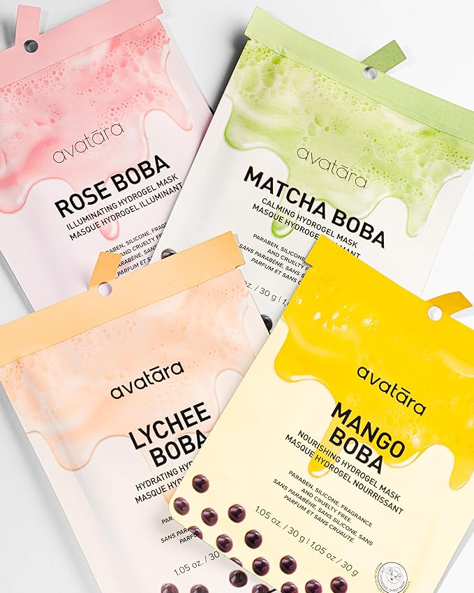 Avatara Boba Goals 4-Pack Variety Hydrogel Mask Set, Rose Boba, Matcha Boba, Mango Boba & Lychee Boba | 1.05 fl. oz / 30 g