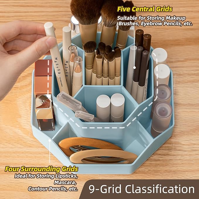 TNDCKP 360° Rotating Makeup Brush Holder Organizer with 9 Slots, Makeup Organizers Countertop, Makeup organization and Skincare Storage for Vanity, Desktop, Bathroom (BLUE)
