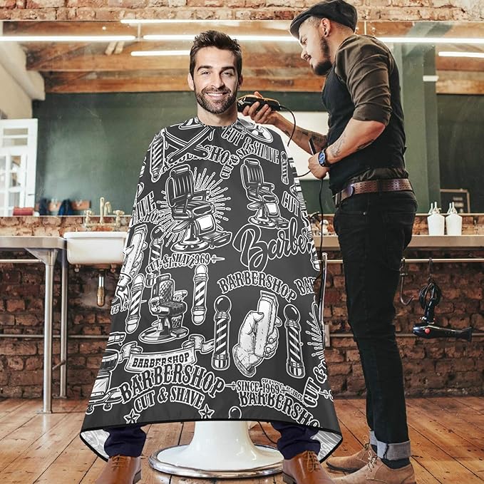 visesunny Barbershop Design Monochrome Style Barber Cape Anti-Static Hair Cutting Cape with Snap Closure Professional Salon Polyester Beard Shaving Bib Water-Resistant Hairdressing Cape Adjustable