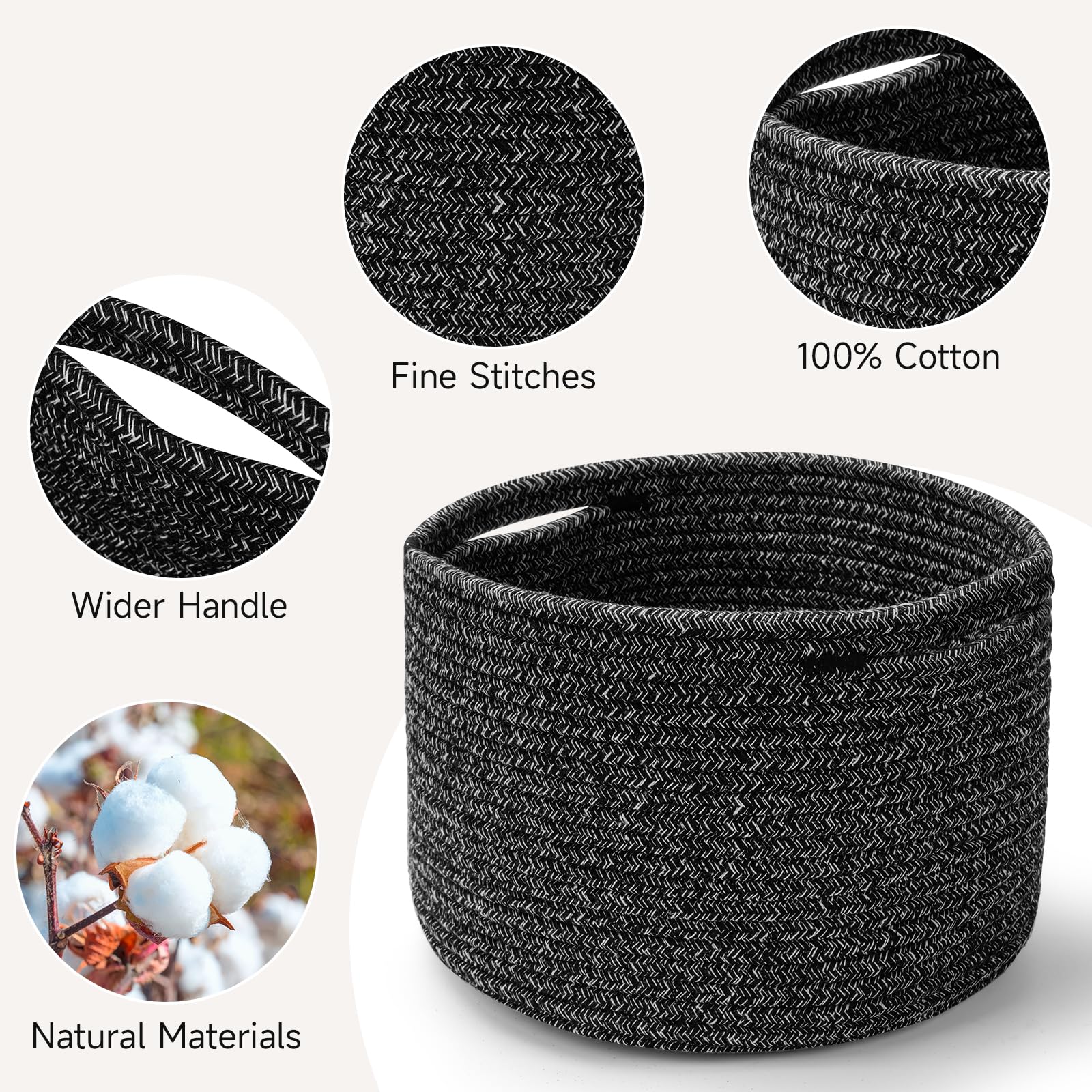 Maxuni 3 Pack Small Rope Storage Baskets, 9.82×9.82×7.1", Black