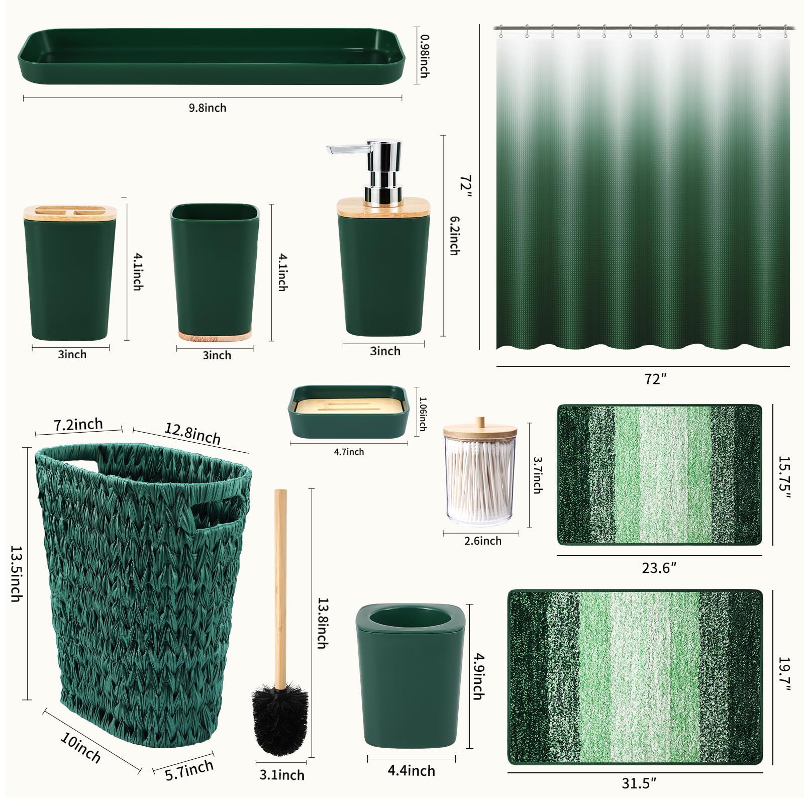 XLHOMO Dark Green Bathroom Accessories Set with Wicker Trash Can Shower Curtain and Rugs,Bathroom Sets Small Waste Basket Bathroom Trash Can for Bedroom Bathroom