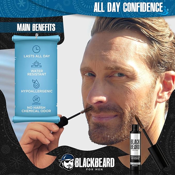 Blackbeard for Men Beard Color – 1-Day Beard, Mustache, Eyebrow, Sideburns Color – Temporary Facial Hair Tint - Hypoallergenic Beard Dye Alternative – Up to 45 applications– Light/Medium Brown, 3 Pack