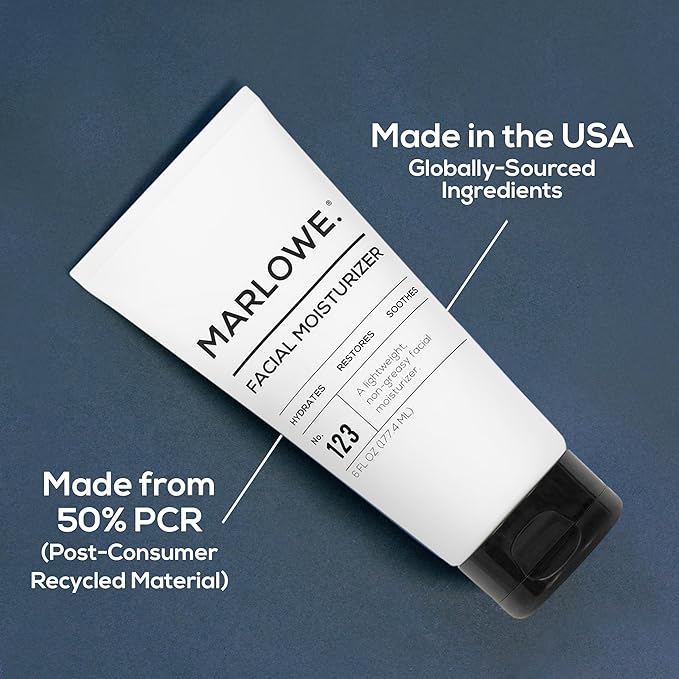MARLOWE. No. 123 Facial Moisturizer for Men, 6 oz, Daily Face Lotion with Aloe Vera & Green Tea Extract, Hydrates, Nourishes, Restores & Soothes, Lightweight, Non-Greasy, Fresh Aloe Citron Scent