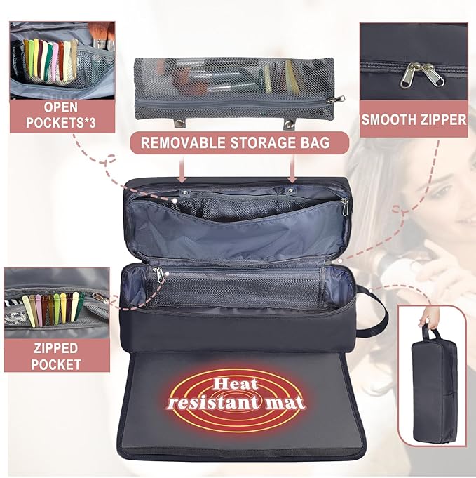 FAMOPLAY Hair Tools Travel Bag with Heat Resistant Mat Hair Styling Accessories Storage Case for Hair Dryer Flat Iron Straightener Curling Iron Haircare Accessories Travel Essentials for Women