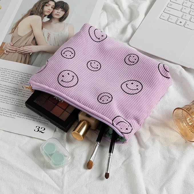 Gardsell Cosmetic Bags for Women - Corduroy Cosmetic Bag Aesthetic Women Handbags Purses Smile Dots Makeup Organizer Storage Makeup Bag Girls Case Bags (Double Purple Green)