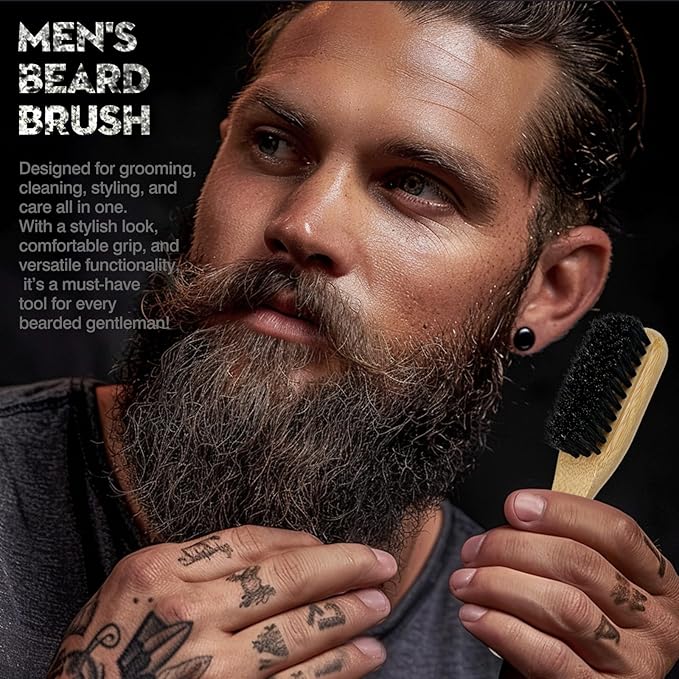 Men's Beard Brush with Natural Boar Bristles, Mustache Grooming and Styling Tool, Use with Beard Oils & Balms