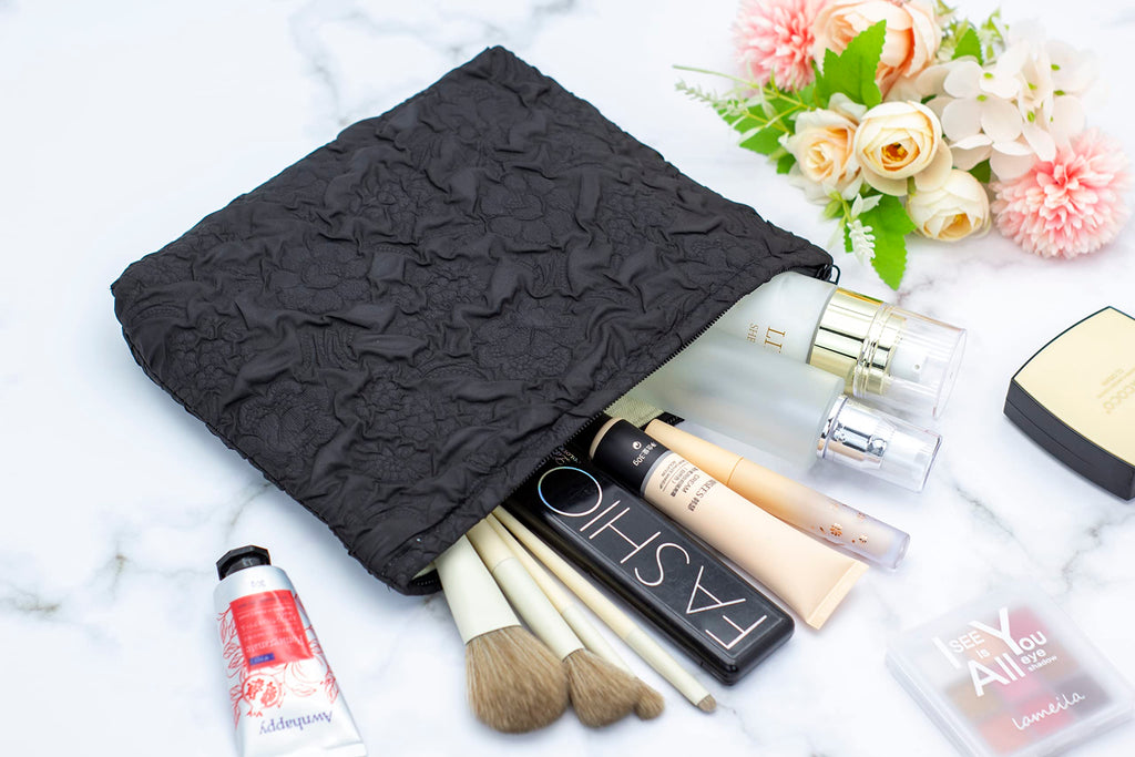 Flat Makeup Bag for Women,Zipper Cosmetic Pouch for Purse,Flower Black