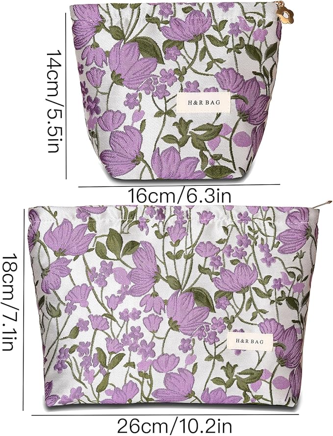 BOCGRPU 2 PCS Makeup Bag Small Cute Makeup Pouch Floral Cosmetic Bag for Women，Soft Toiletry Bag Pouch for Purse，Embroidery Craft Makeup Bag with Zipper（Purple Flower）