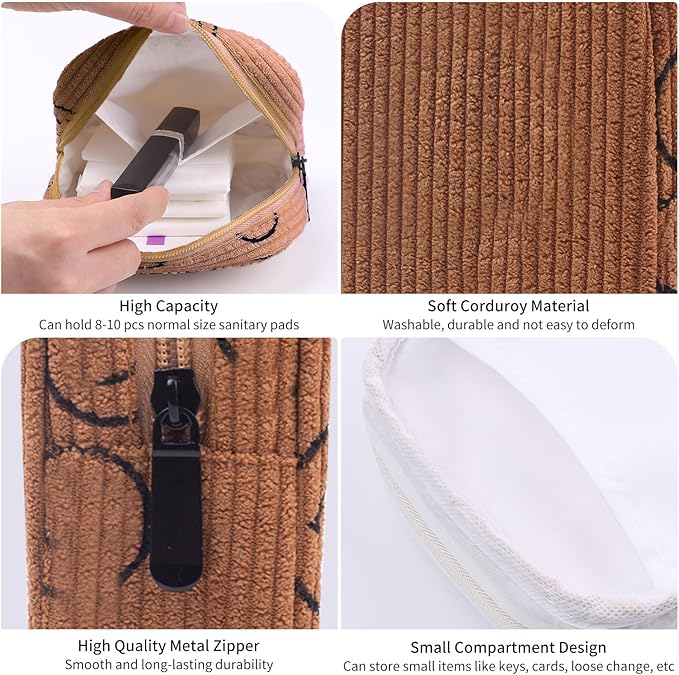 Sanitary Napkin Storage Bag, Corduroy Period Bag for Women, Cute Portable Period Pouch with Zipper, Sanitary Pads Bag Tampons Holder for Purse, First Period