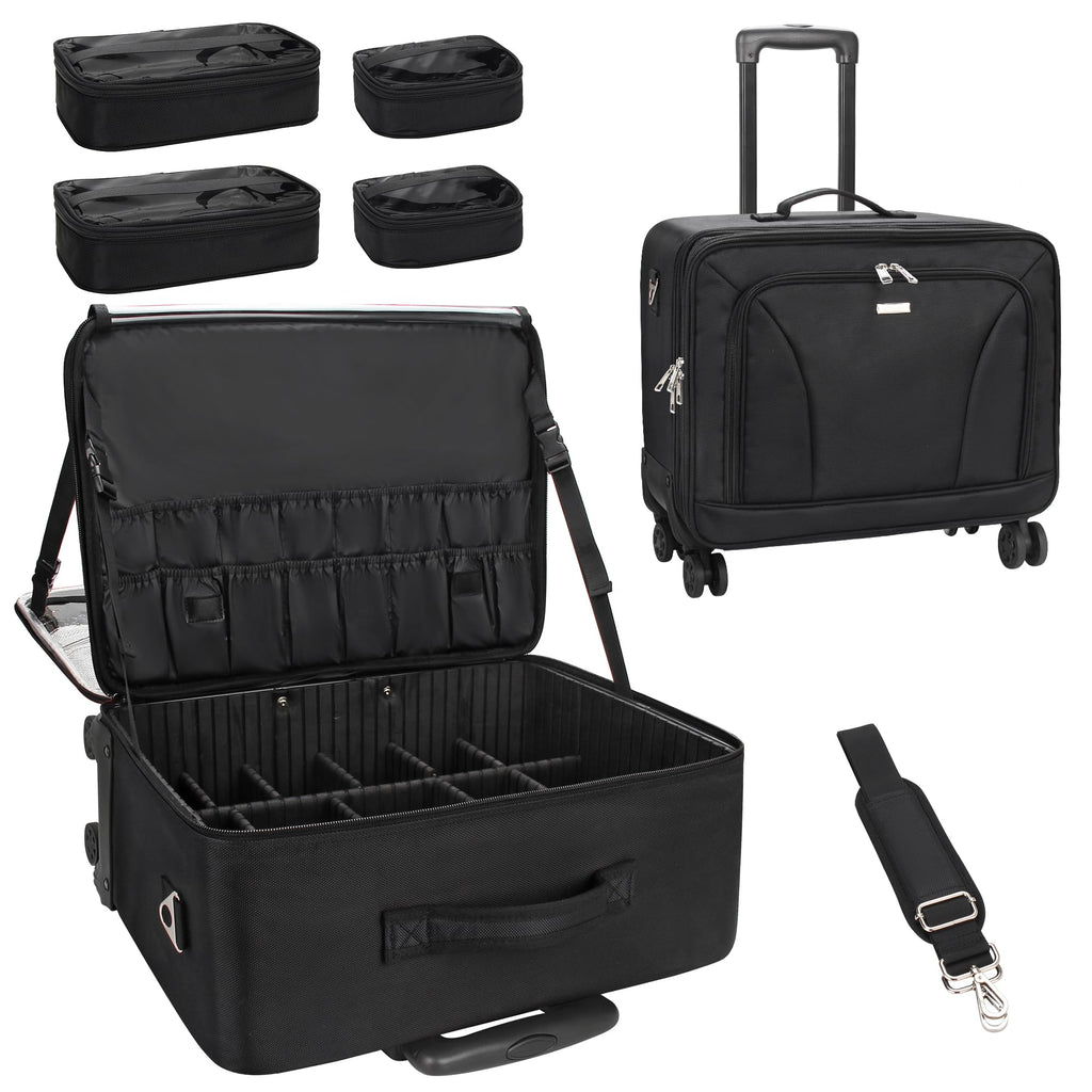 MONSTINA Rolling Makeup Train Case, Cosmetology Case on Wheels Makeup Artist Bag Professional Cosmetics Beauty Hairdresser Bag Hairstylist Cosmetic Bag with 4 Bags Extra Large Makeup Bag with Wheels