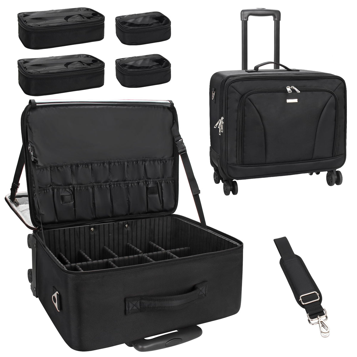 MONSTINA Rolling Makeup Train Case, Cosmetology Case on Wheels Makeup Artist Bag Professional Cosmetics Beauty Hairdresser Bag Hairstylist Cosmetic Bag with 4 Bags Extra Large Makeup Bag with Wheels